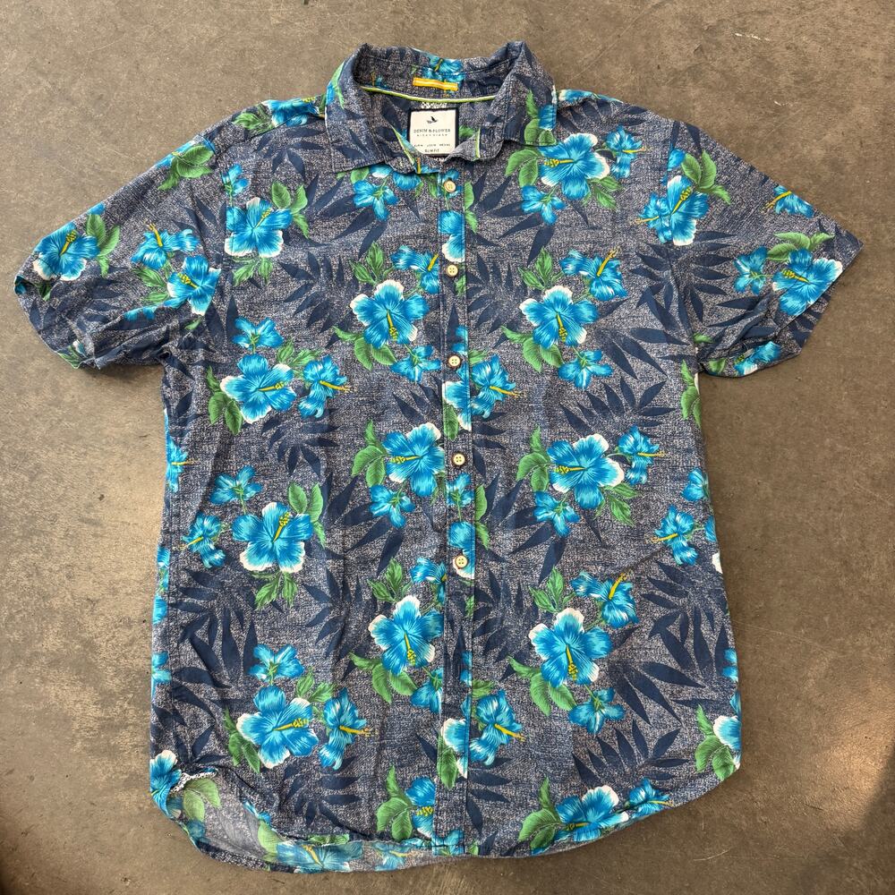 Vintage Y2K Denim & Flower Casual Floral Hawaiian Beach Button Up Blue Shirt M - Picture 1 of 5